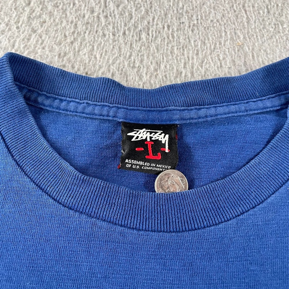 Vintage 2000s Stussy Graphic T Shirt Blue Men's L Y2K Big Logo Double Graphic * - Picture 4 of 12
